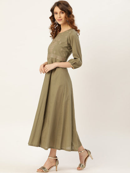 Women's Olive Zari Embroidery Kurta Dress