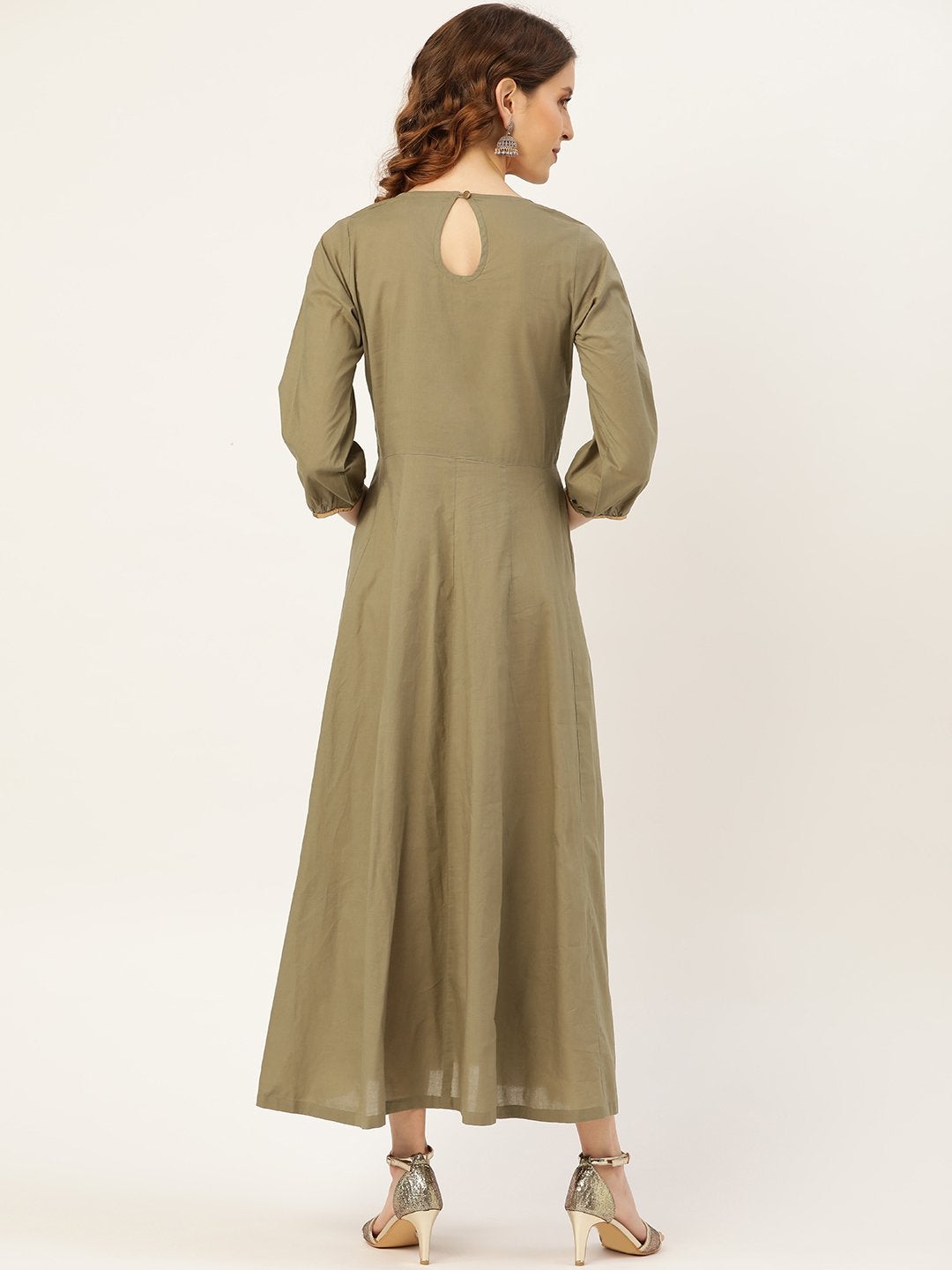 Women's Olive Zari Embroidery Kurta Dress