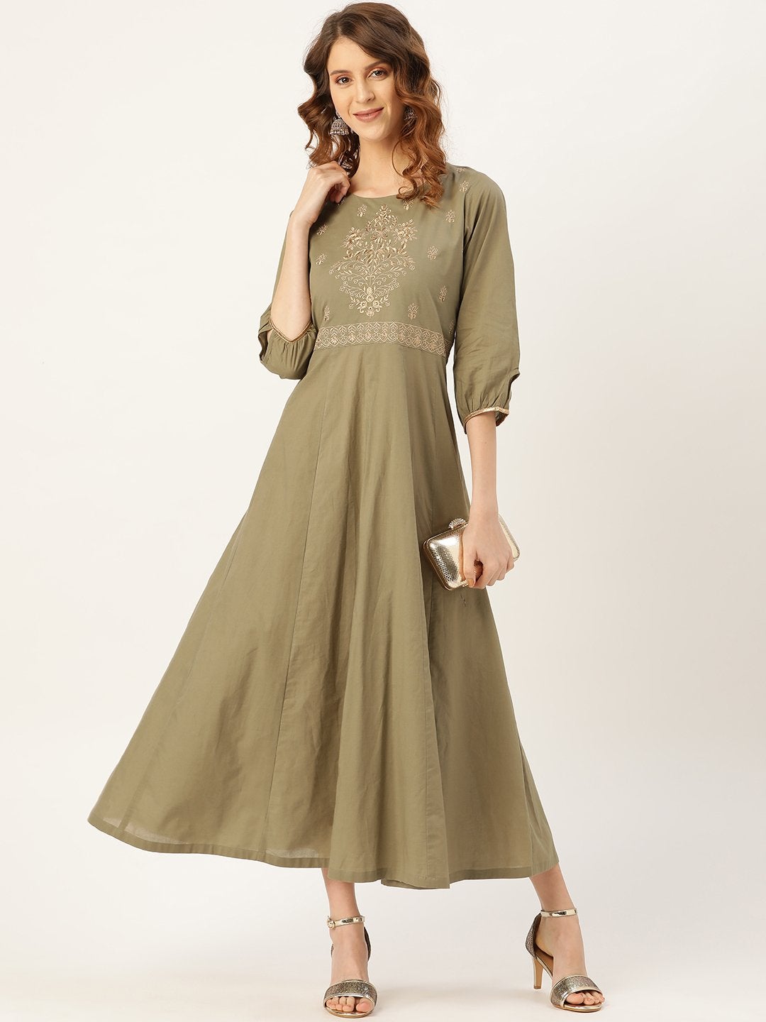 Women's Olive Zari Embroidery Kurta Dress