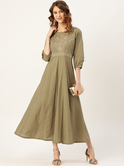 Women's Olive Zari Embroidery Kurta Dress