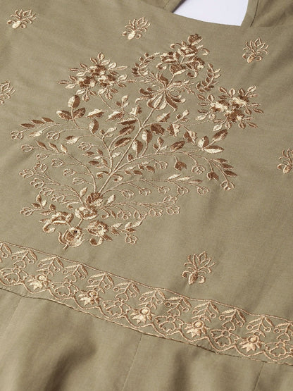 Women's Olive Zari Embroidery Kurta Dress