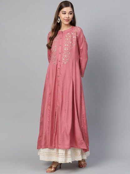 Women's Pink Zari Embroidery Front Open A-Line