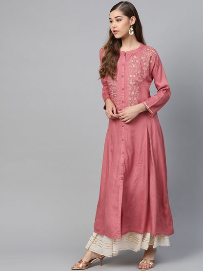 Women's Pink Zari Embroidery Front Open A-Line