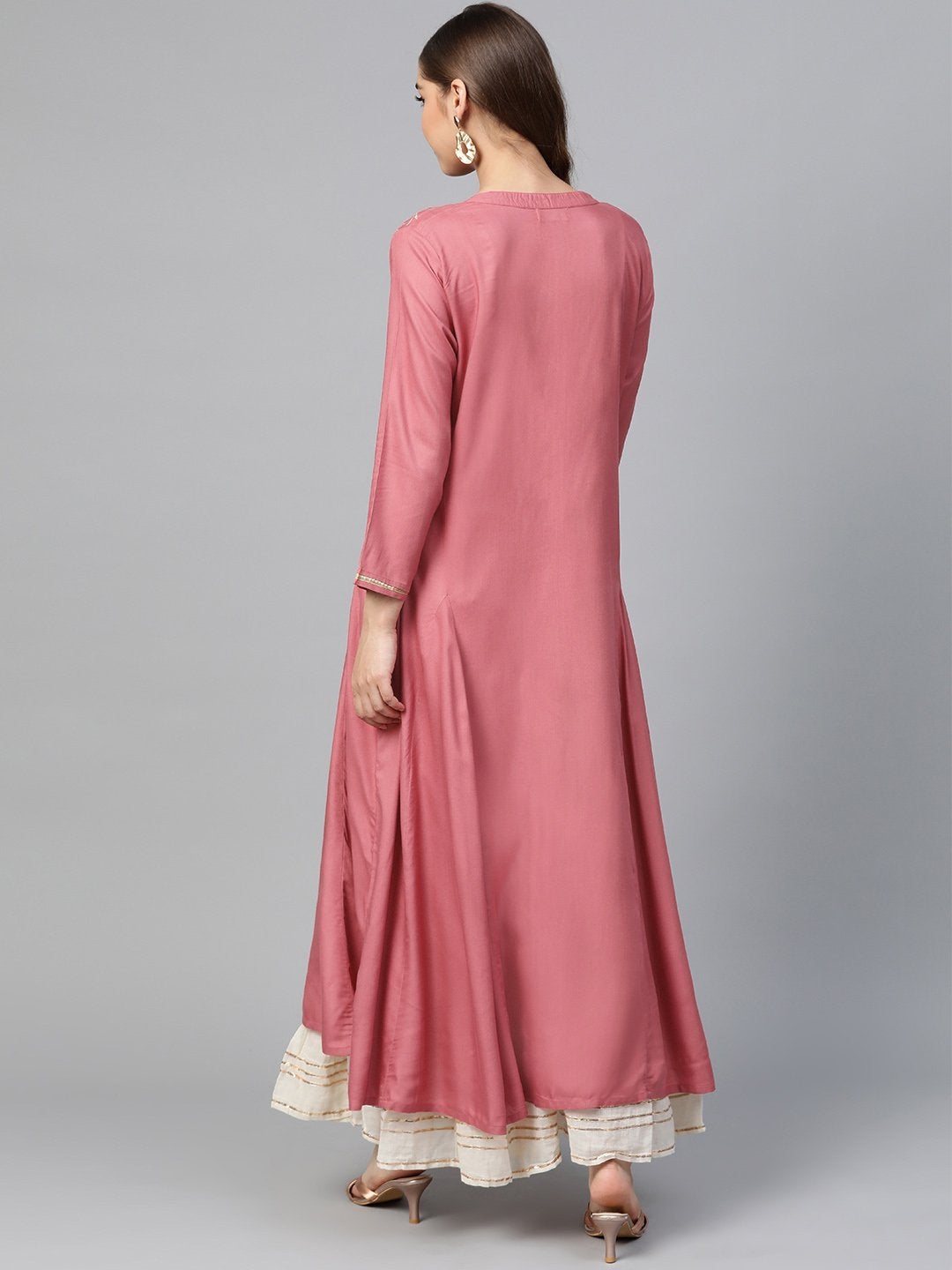 Women's Pink Zari Embroidery Front Open A-Line