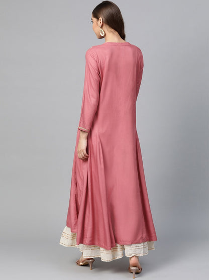 Women's Pink Zari Embroidery Front Open A-Line