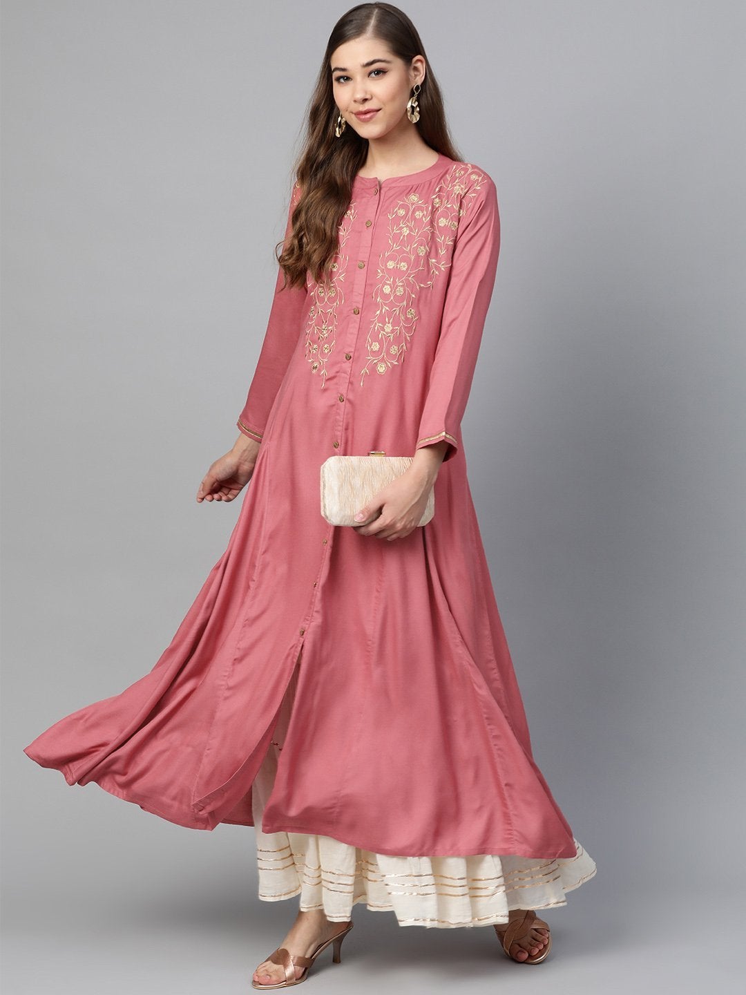 Women's Pink Zari Embroidery Front Open A-Line