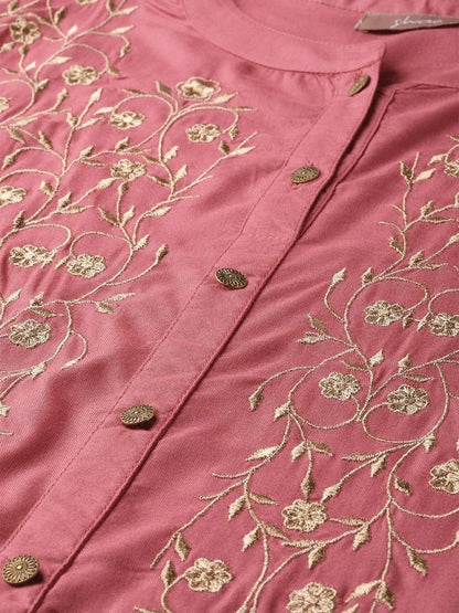 Women's Pink Zari Embroidery Front Open A-Line