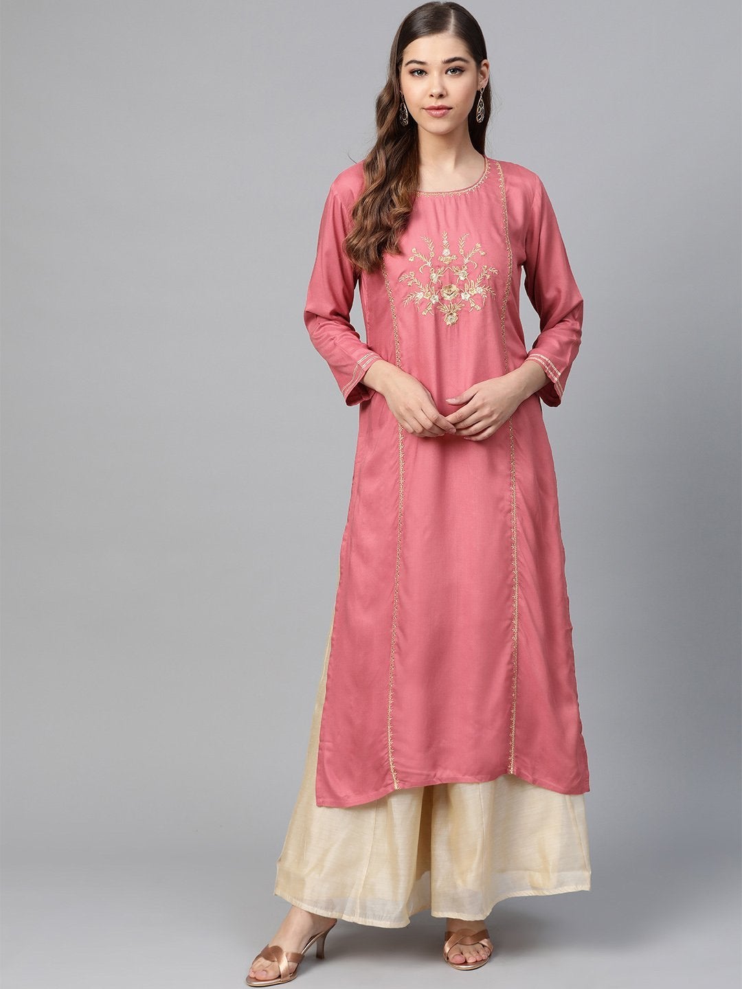 Women's Pink Front Panel Zari Embroidery