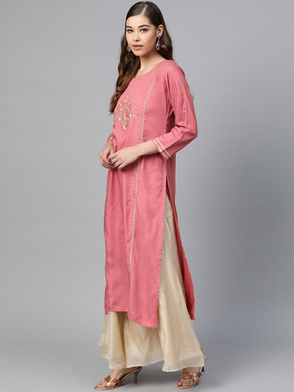 Women's Pink Front Panel Zari Embroidery