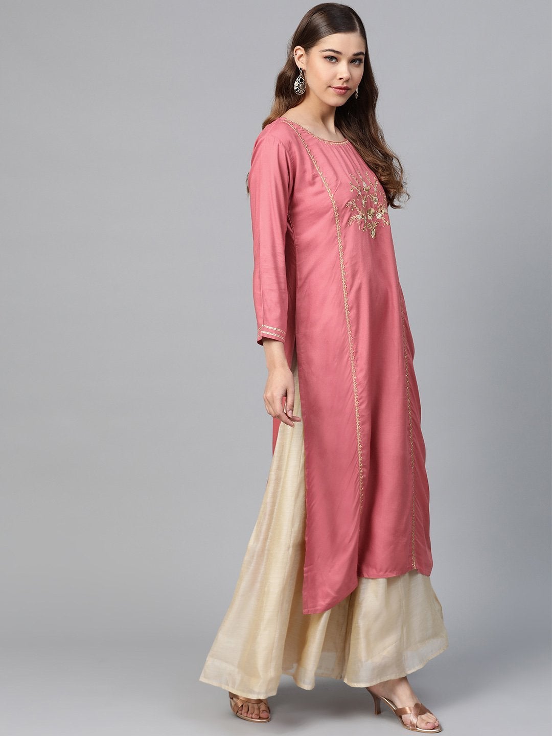 Women's Pink Front Panel Zari Embroidery