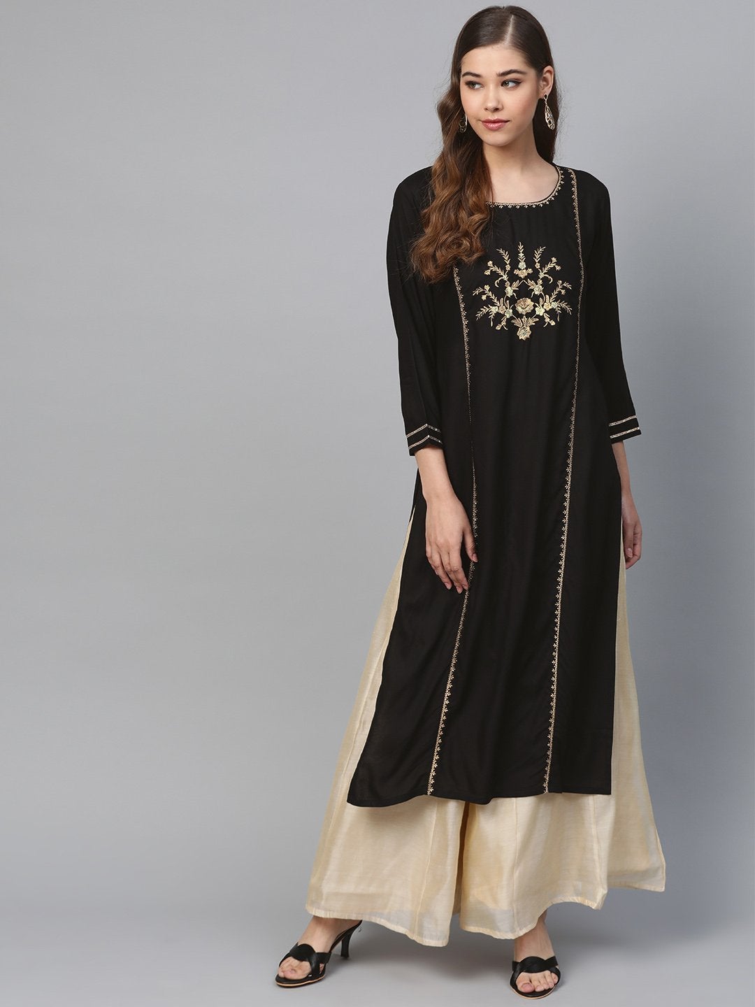 Women's Black Front Panel Zari Embroidery
