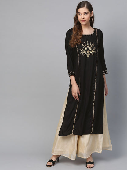 Women's Black Front Panel Zari Embroidery