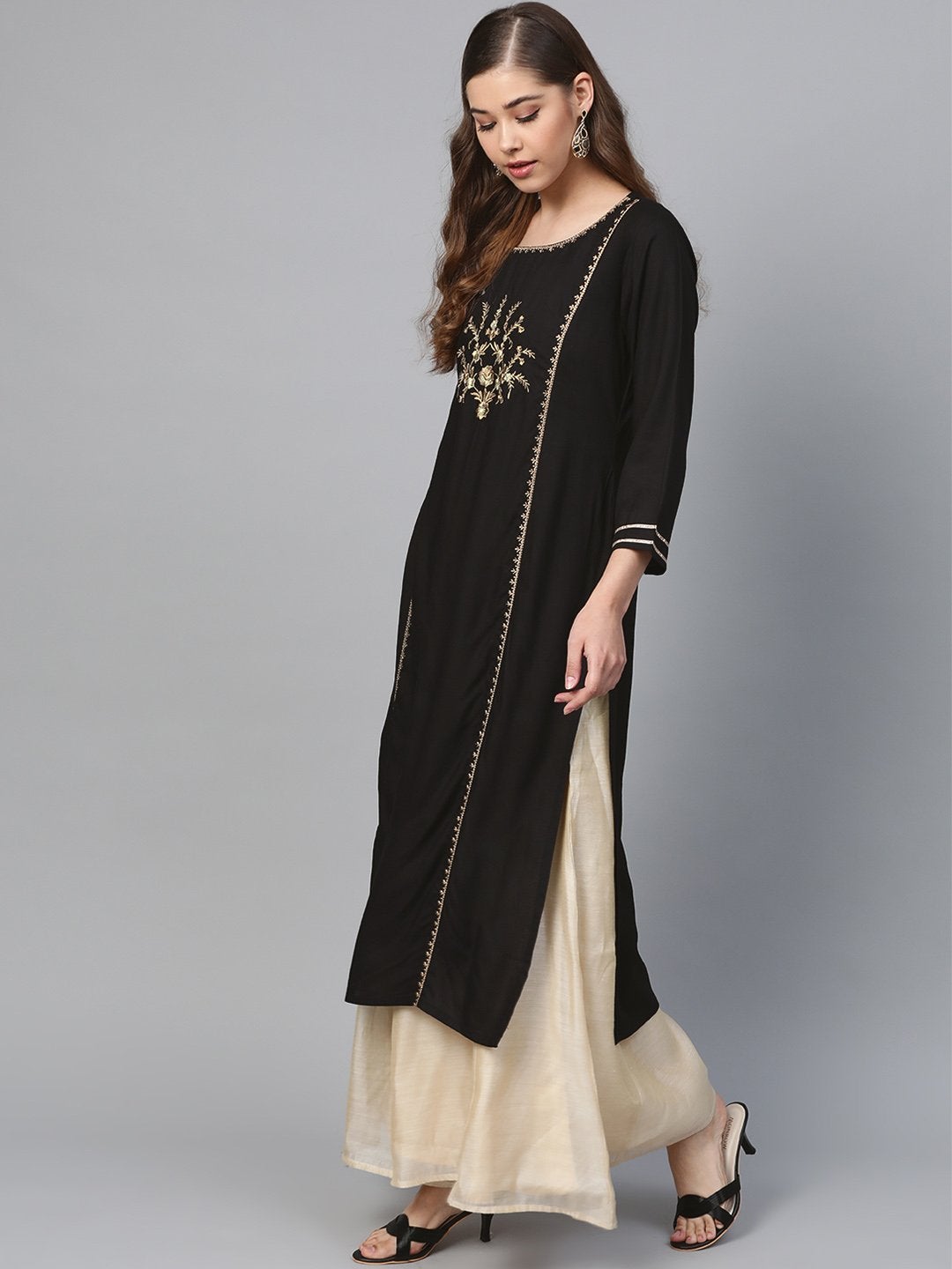 Women's Black Front Panel Zari Embroidery
