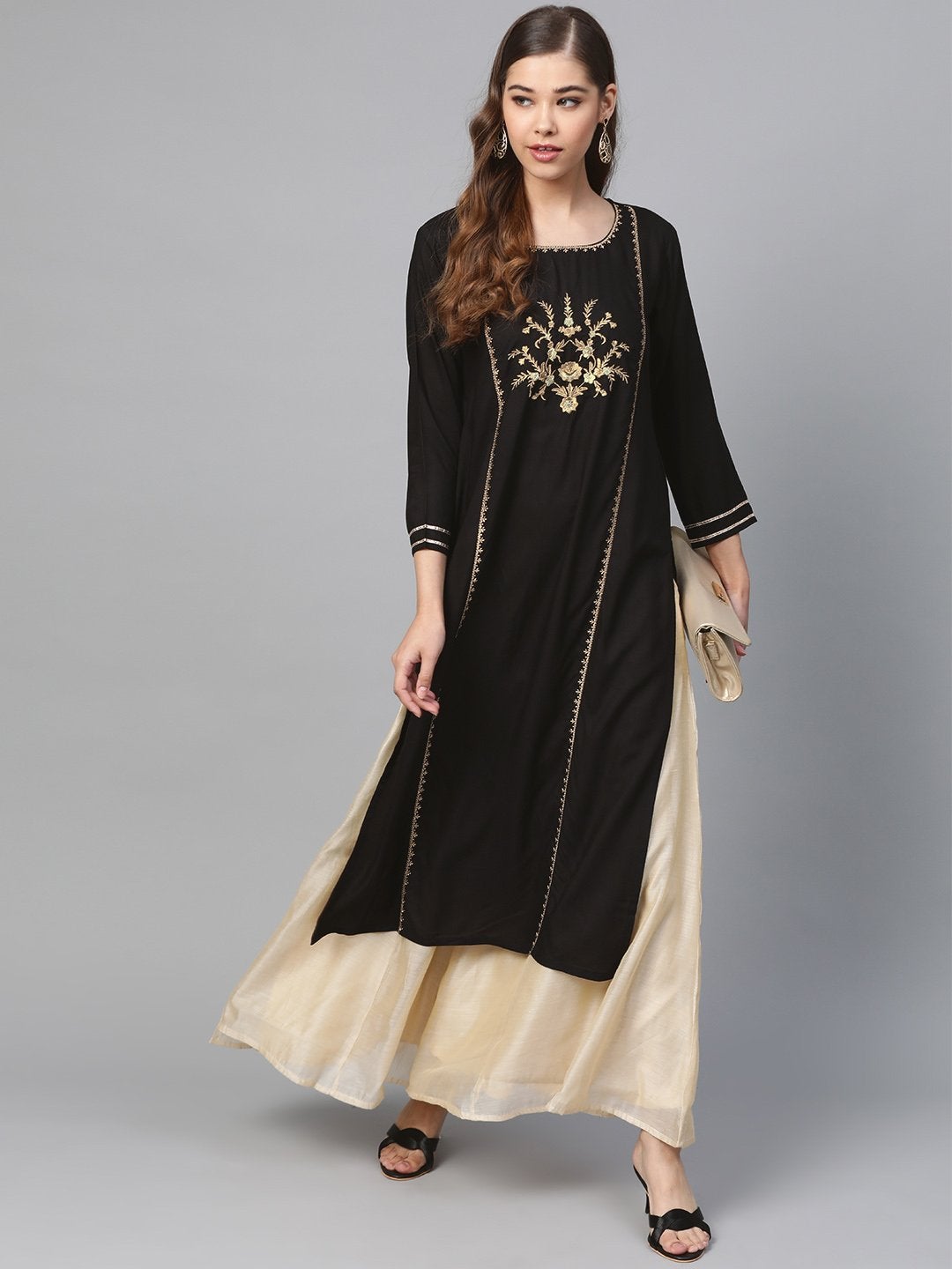 Women's Black Front Panel Zari Embroidery