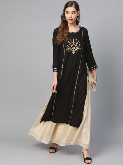 Women's Black Front Panel Zari Embroidery