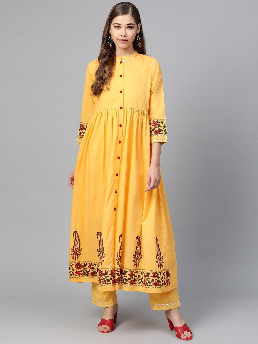 Women's Yellow Border Block Print Front Button