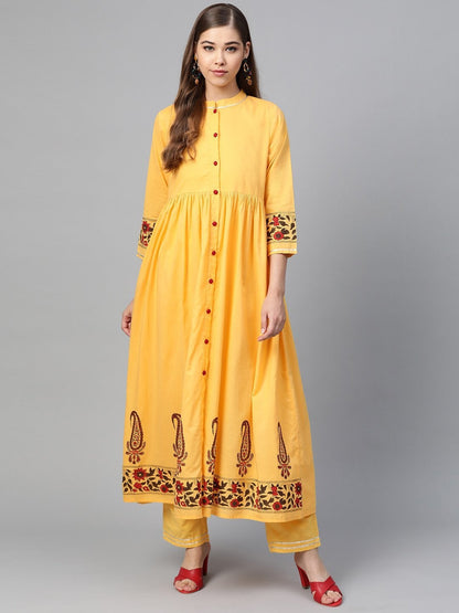 Women's Yellow Border Block Print Front Button