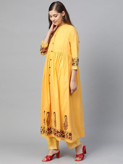 Women's Yellow Border Block Print Front Button