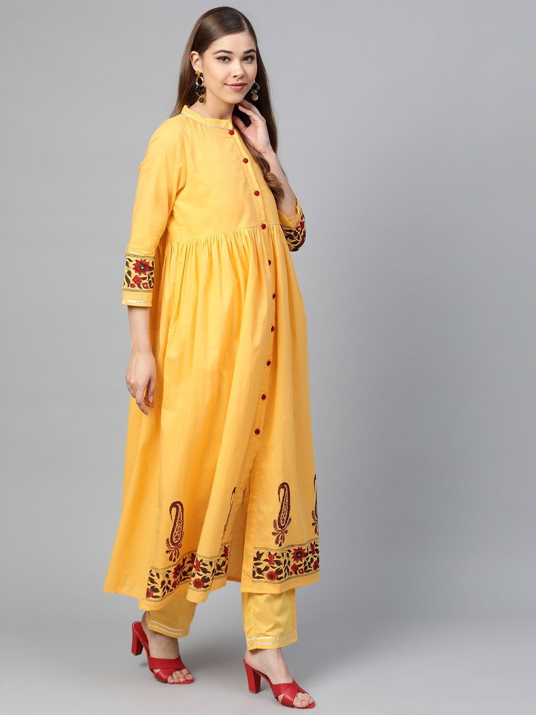 Women's Yellow Border Block Print Front Button