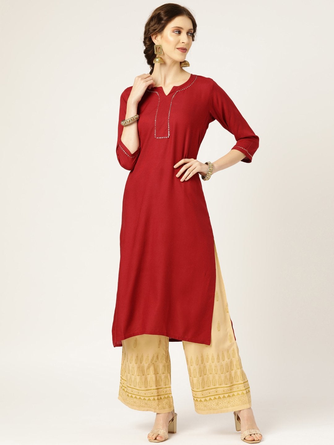 Women's Maroon Lace Detail Straight