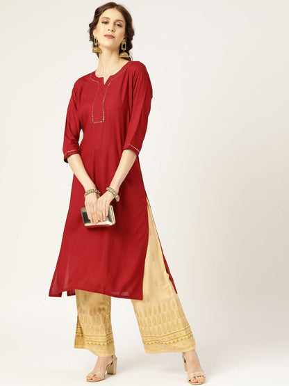 Women's Maroon Lace Detail Straight