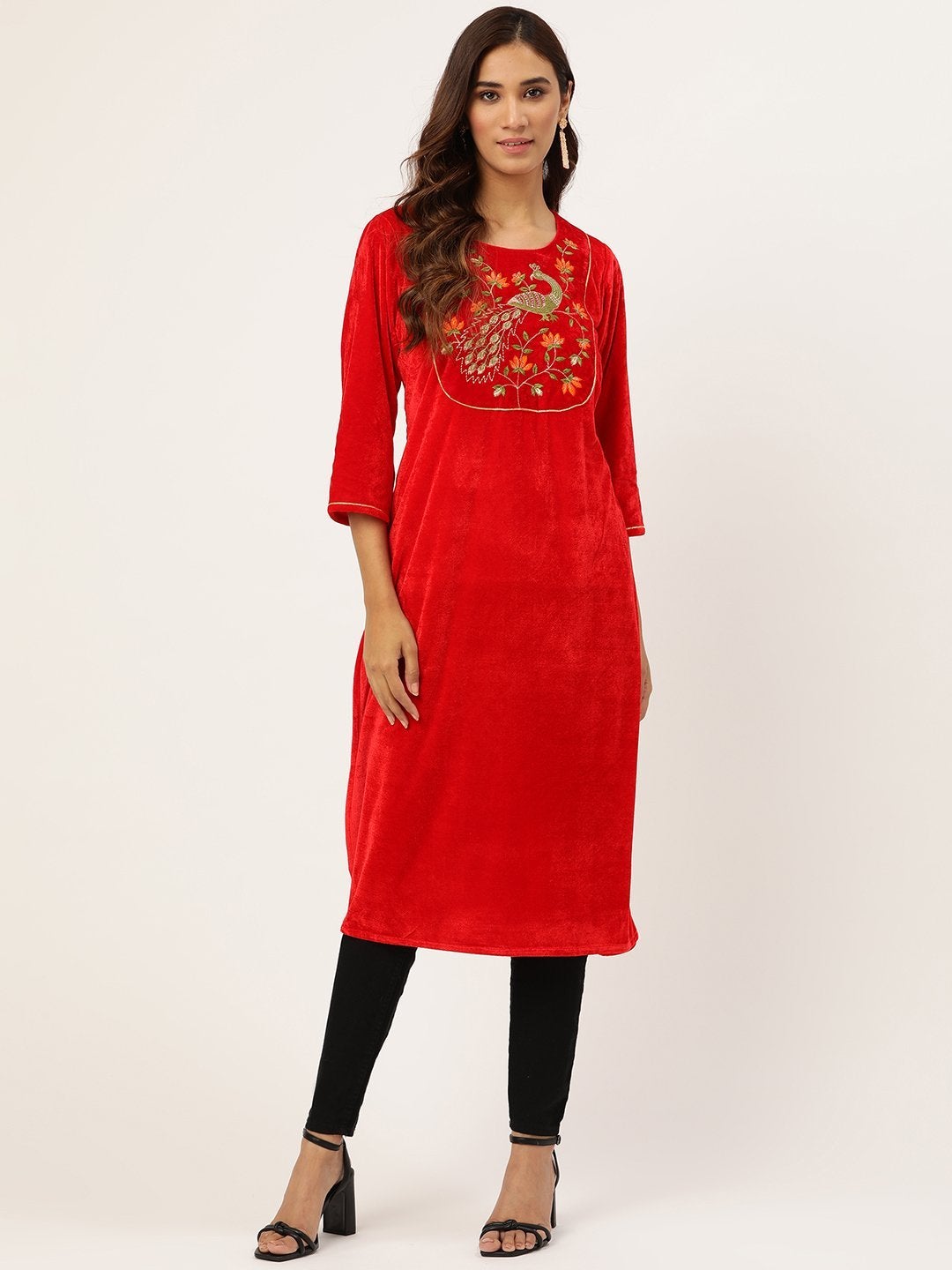 Women's Red Peacock Zari Embroidered