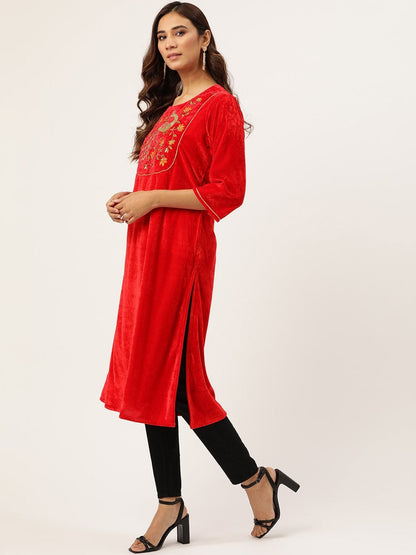 Women's Red Peacock Zari Embroidered