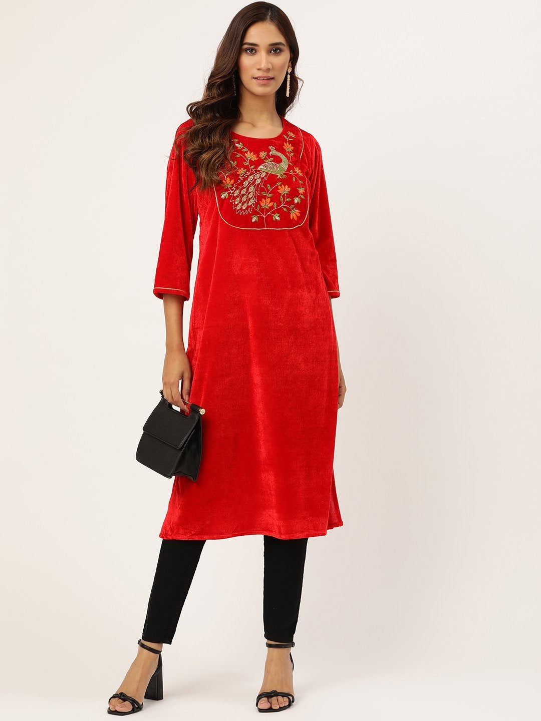 Women's Red Peacock Zari Embroidered