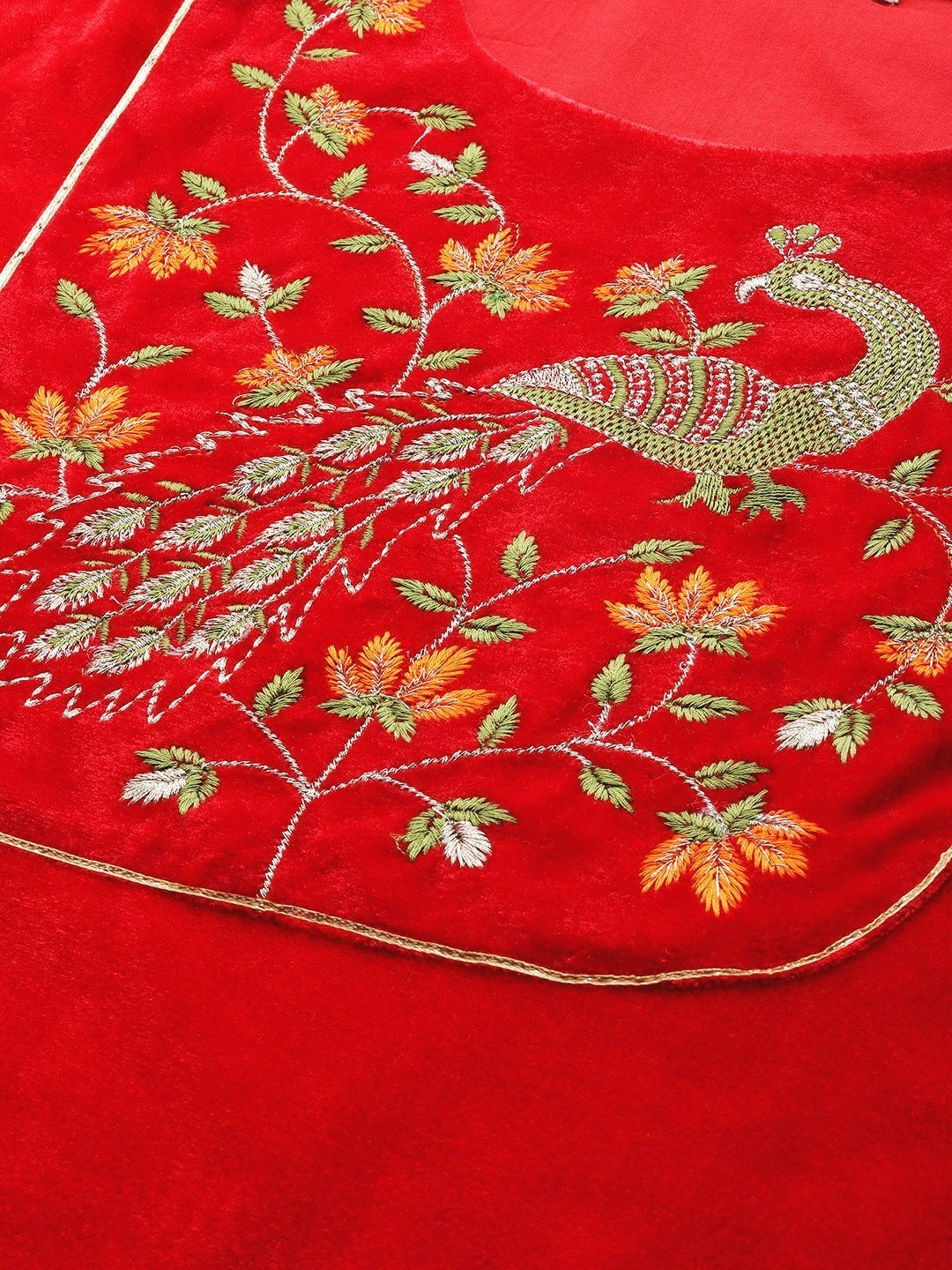 Women's Red Peacock Zari Embroidered