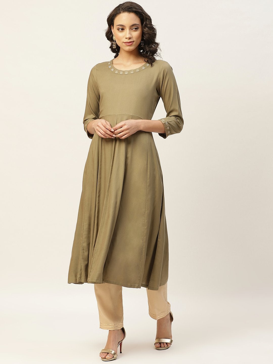 Women's Olive Zari Neck Embroidery Anarkali