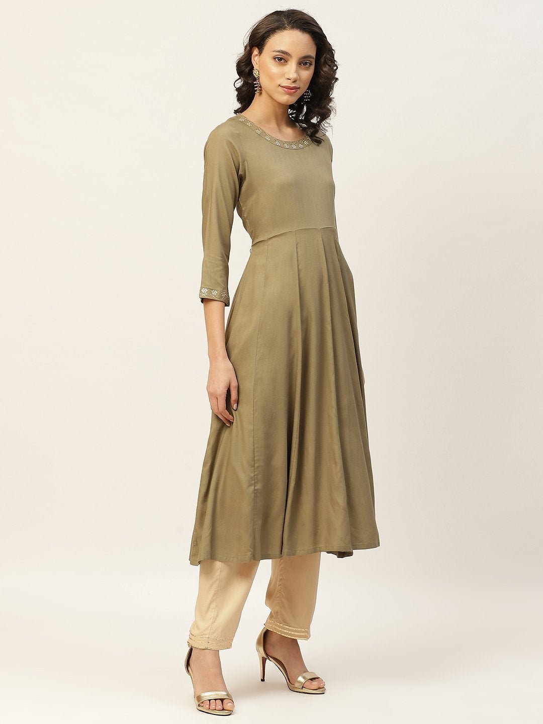 Women's Olive Zari Neck Embroidery Anarkali