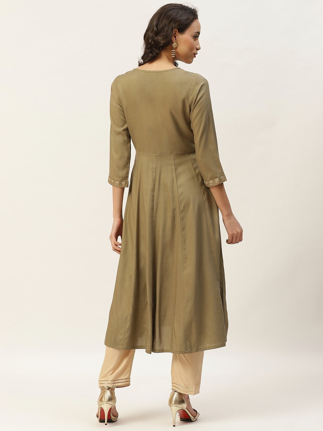 Women's Olive Zari Neck Embroidery Anarkali