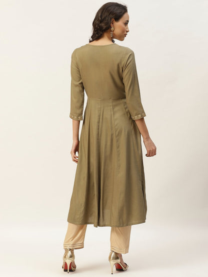 Women's Olive Zari Neck Embroidery Anarkali