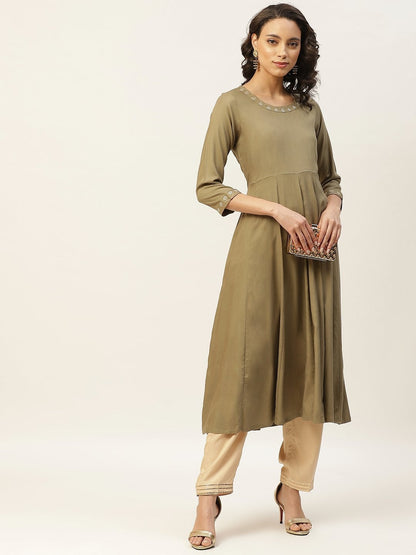 Women's Olive Zari Neck Embroidery Anarkali