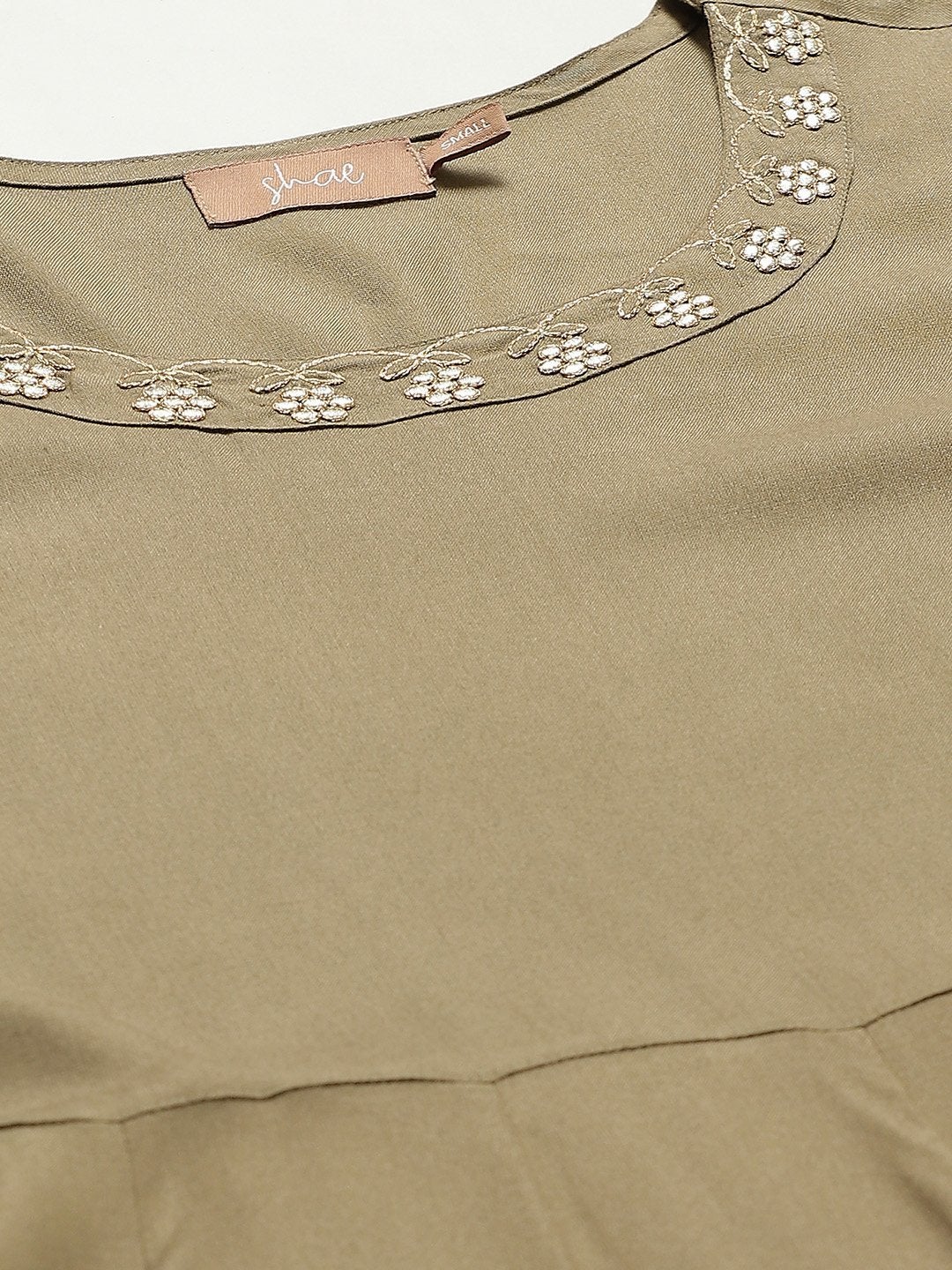 Women's Olive Zari Neck Embroidery Anarkali