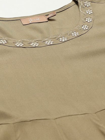 Women's Olive Zari Neck Embroidery Anarkali
