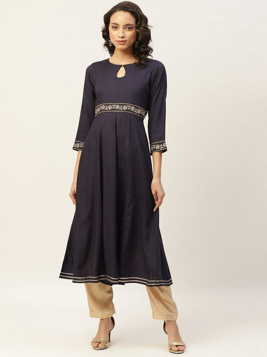 Women's Navy Embroidered Waist Anarkali