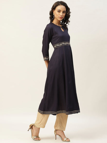 Women's Navy Embroidered Waist Anarkali