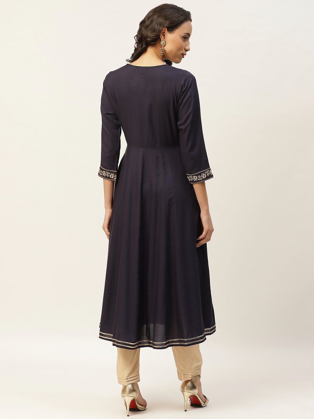 Women's Navy Embroidered Waist Anarkali