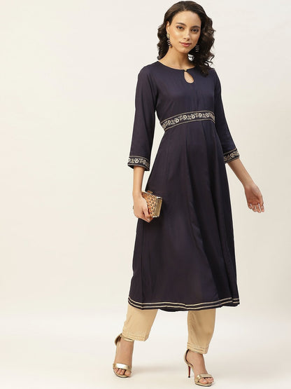 Women's Navy Embroidered Waist Anarkali