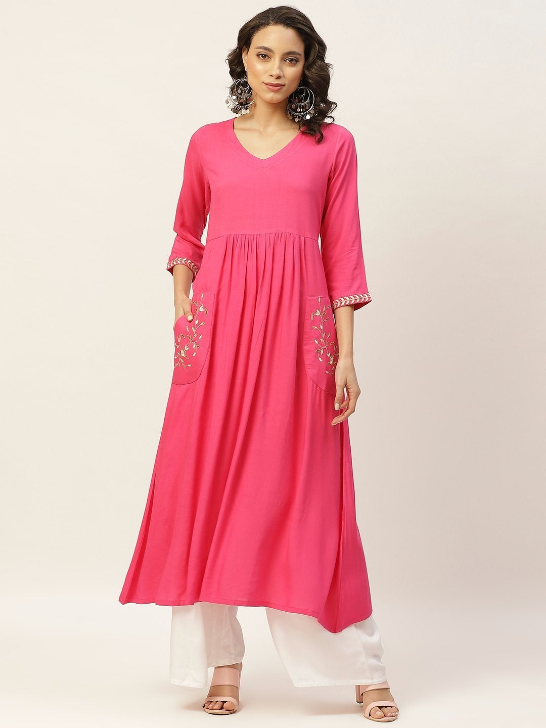 Women's Fuchsia Pocket Embroidered Gathered