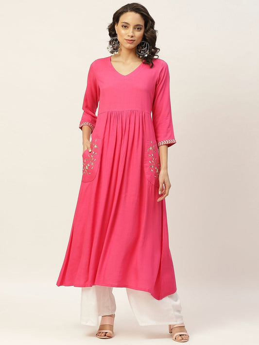 Women's Fuchsia Pocket Embroidered Gathered