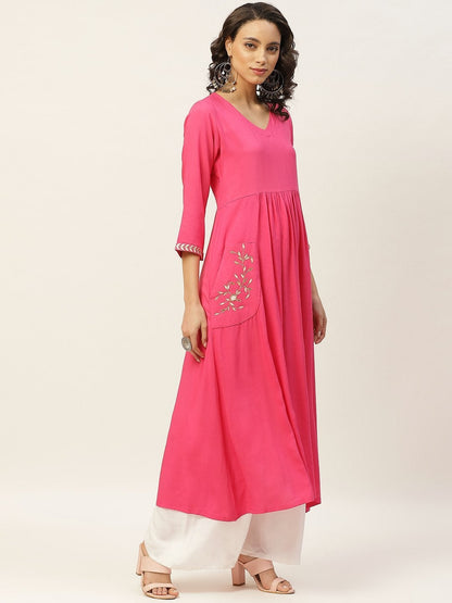 Women's Fuchsia Pocket Embroidered Gathered