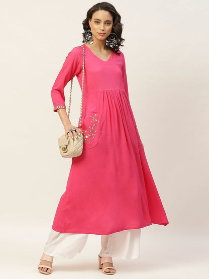 Women's Fuchsia Pocket Embroidered Gathered