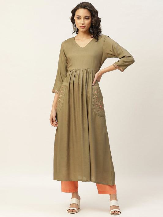 Women's Olive Pocket Embroidered Gathered