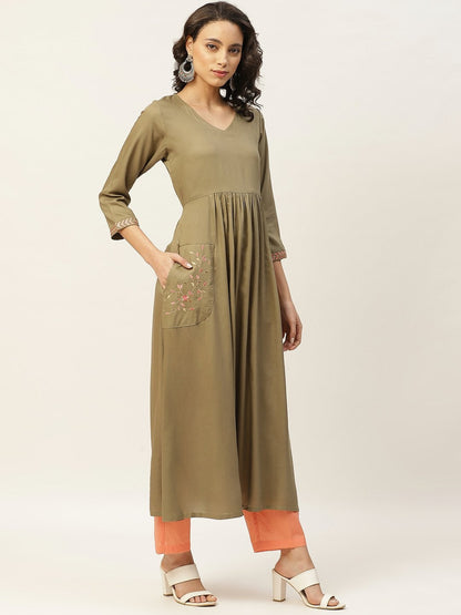 Women's Olive Pocket Embroidered Gathered