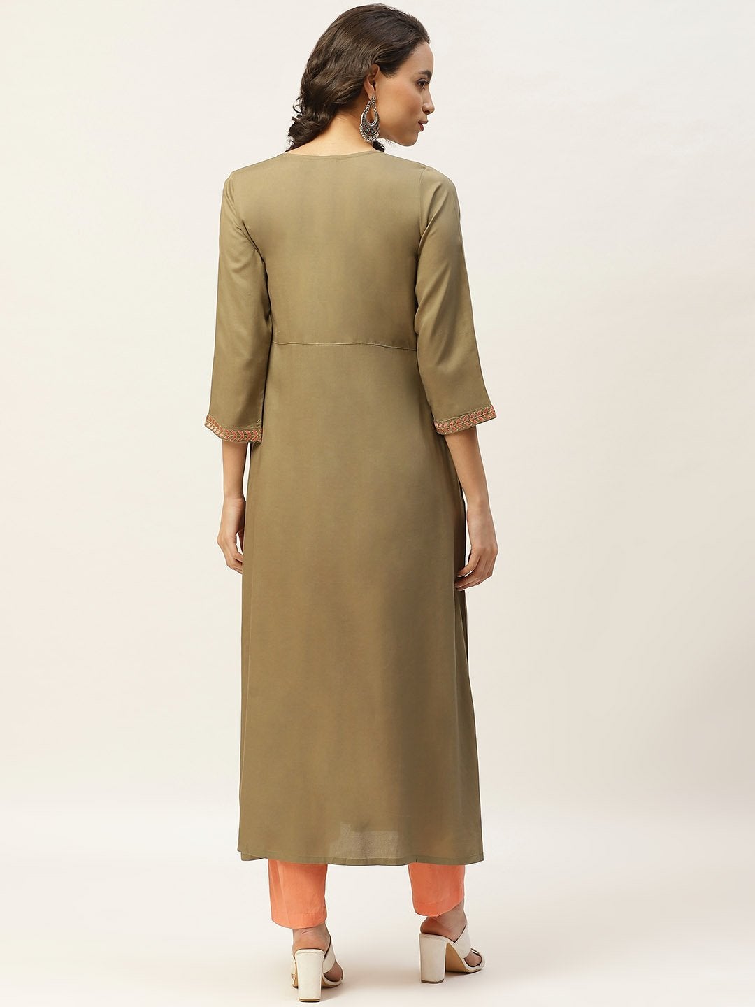 Women's Olive Pocket Embroidered Gathered