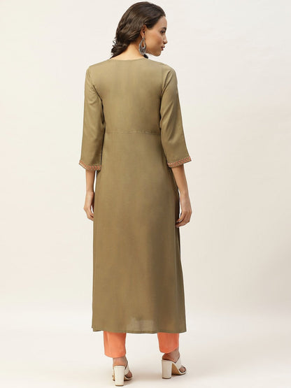 Women's Olive Pocket Embroidered Gathered