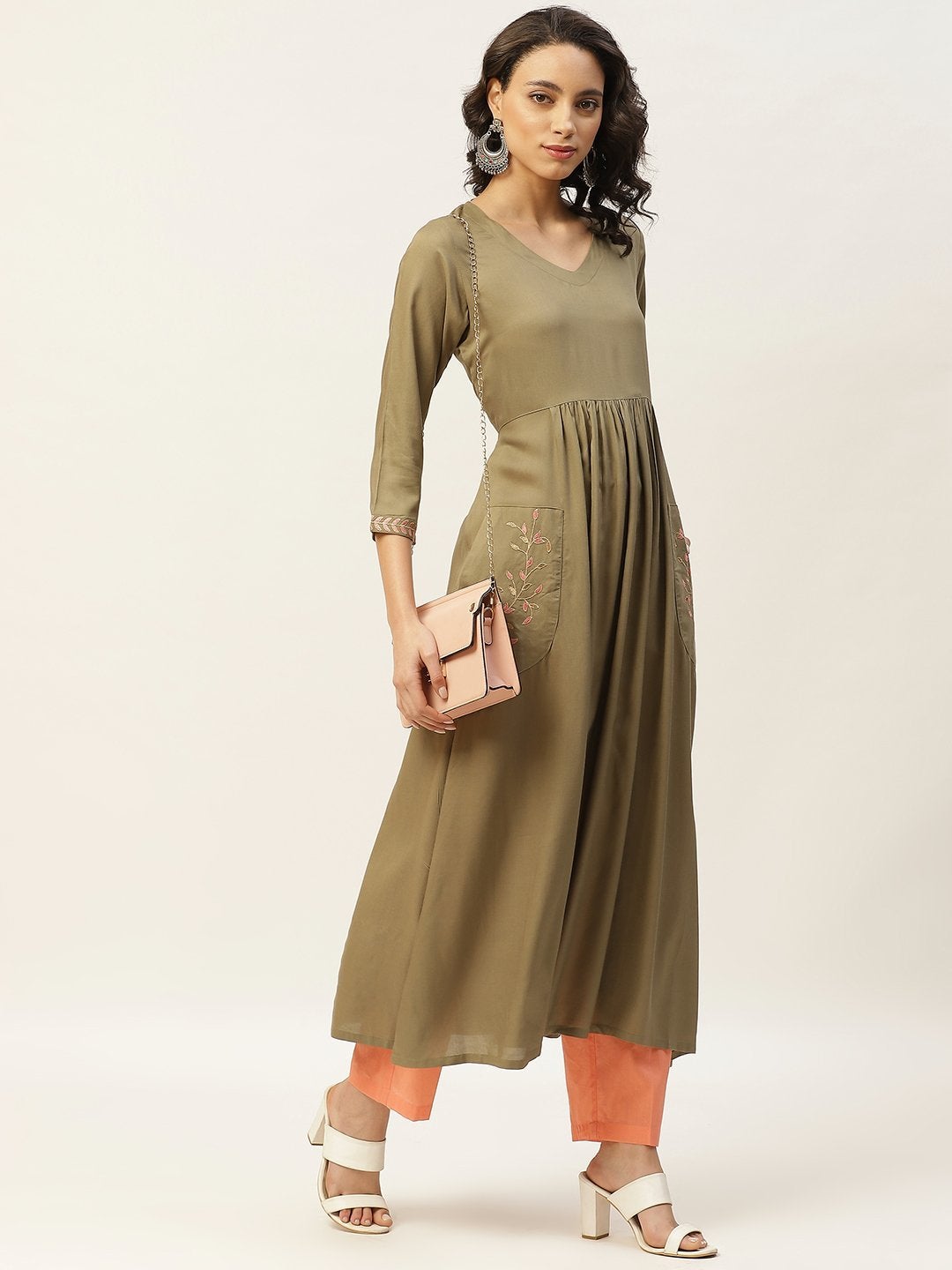 Women's Olive Pocket Embroidered Gathered