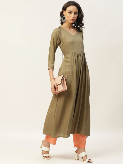 Women's Olive Pocket Embroidered Gathered